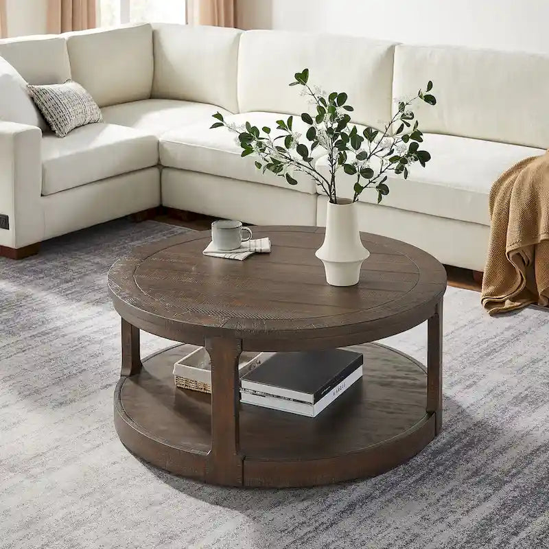 40 Moderne, runde 2-stöckige Couchtisch mit Holzmaserung-Platte und 4 Rollen unten, geeignet für Wohnzimmer, Schlafzimmer, Büro