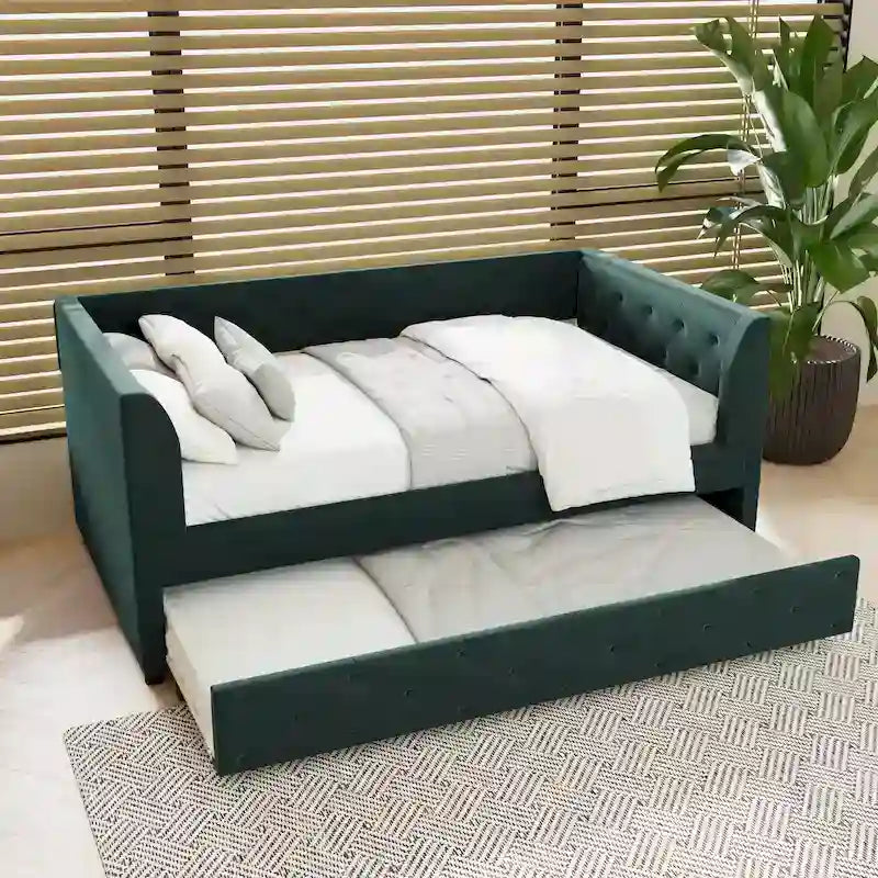 Samt Tagesbett mit Polsterung, Ausziehbett und Staufach