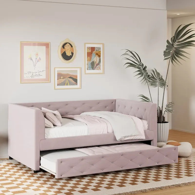 Samt Tagesbett mit Polsterung, Ausziehbett und Staufach