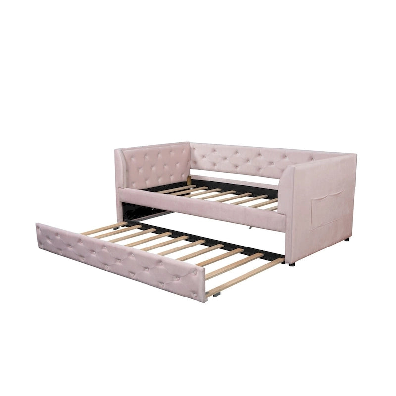Samt Tagesbett mit Polsterung, Ausziehbett und Staufach