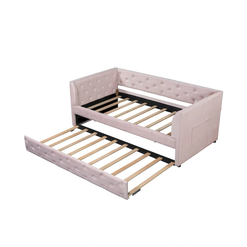 Samt Tagesbett mit Polsterung, Ausziehbett und Staufach