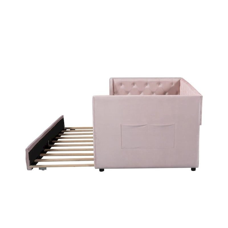 Samt Tagesbett mit Polsterung, Ausziehbett und Staufach