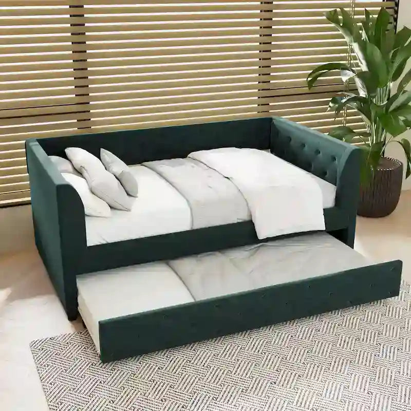 Samt Tagesbett mit Polsterung, Ausziehbett und Staufach