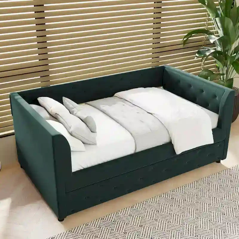 Samt Tagesbett mit Polsterung, Ausziehbett und Staufach