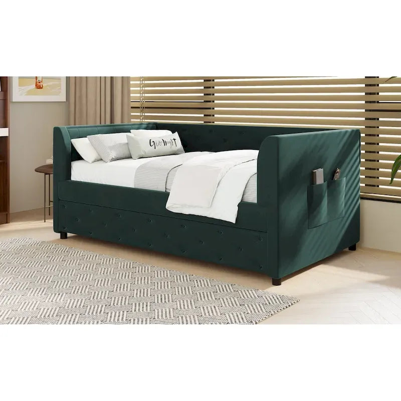 Samt Tagesbett mit Polsterung, Ausziehbett und Staufach