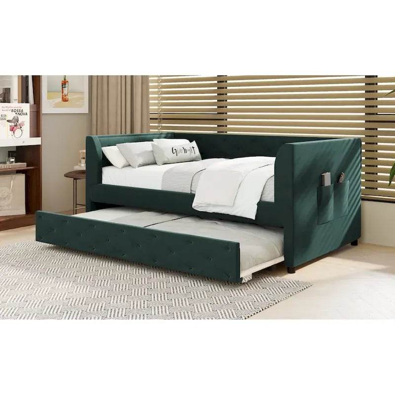 Samt Tagesbett mit Polsterung, Ausziehbett und Staufach