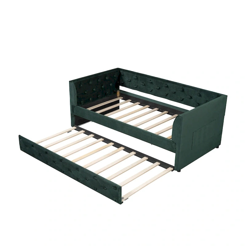 Samt Tagesbett mit Polsterung, Ausziehbett und Staufach