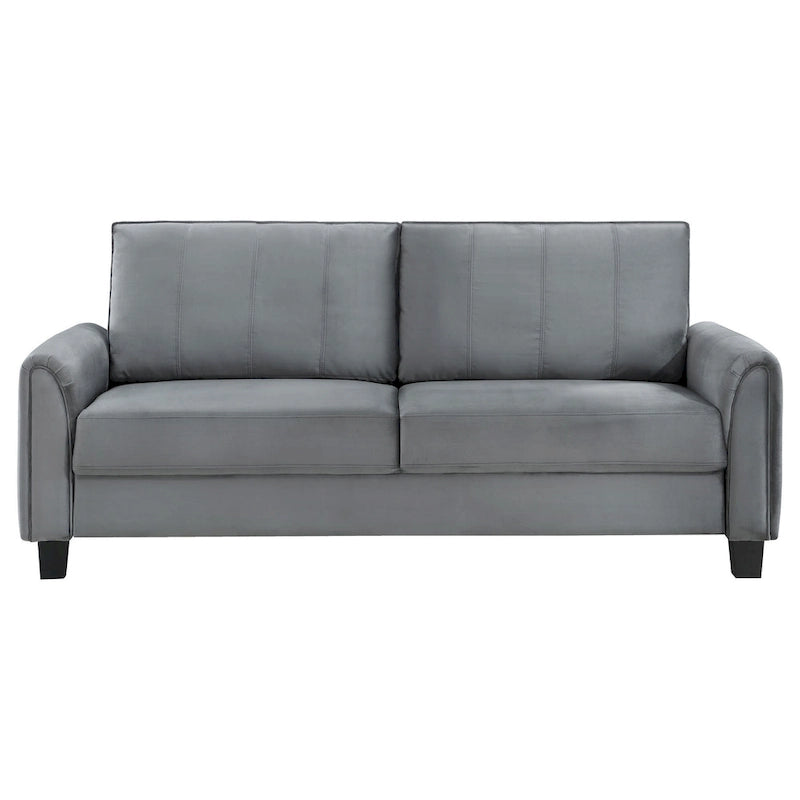 Graues Stoffsofa mit abgerundeten Armlehnen und schwarzen konischen Beinen, 203 cm