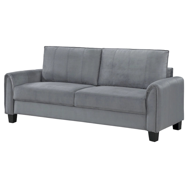 Graues Stoffsofa mit abgerundeten Armlehnen und schwarzen konischen Beinen, 203 cm
