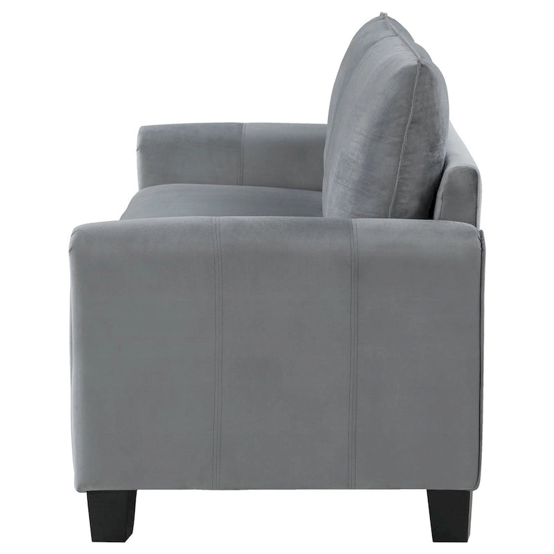 Graues Stoffsofa mit abgerundeten Armlehnen und schwarzen konischen Beinen, 203 cm