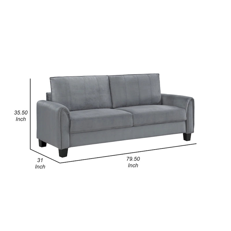 Graues Stoffsofa mit abgerundeten Armlehnen und schwarzen konischen Beinen, 203 cm