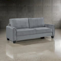 Graues Stoffsofa mit abgerundeten Armlehnen und schwarzen konischen Beinen, 203 cm