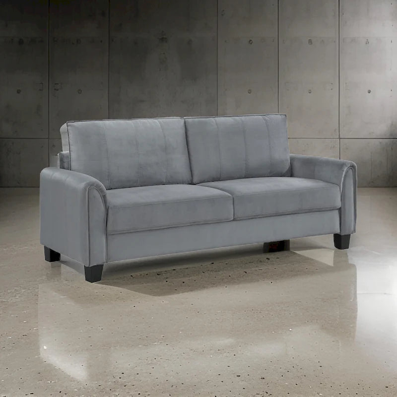 Graues Stoffsofa mit abgerundeten Armlehnen und schwarzen konischen Beinen, 203 cm
