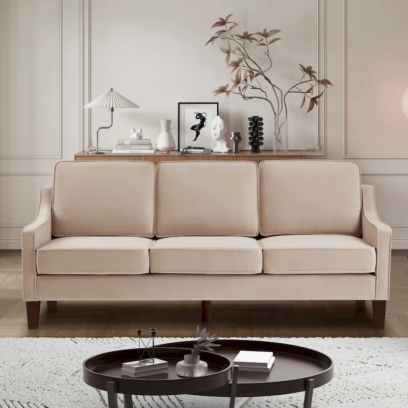 Modernes 3-Sitzer Schlafsofa mit geschwungener Armlehne und Holzbeinen – 29,00 x 74,00 x 34,25