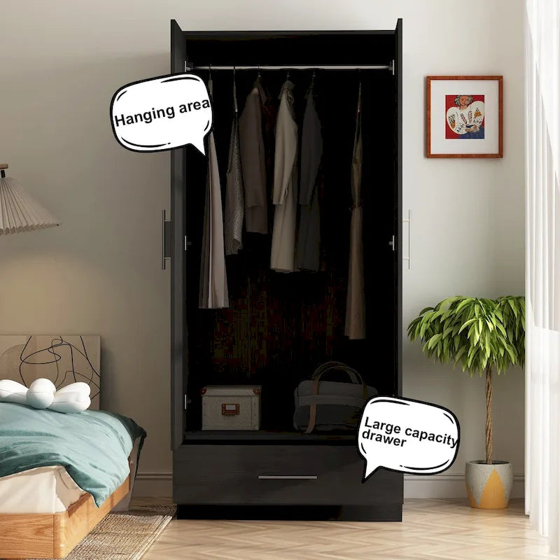 31.5B x 66.9H Kleiderschrank 2-türig 1 Schublade mit Stange