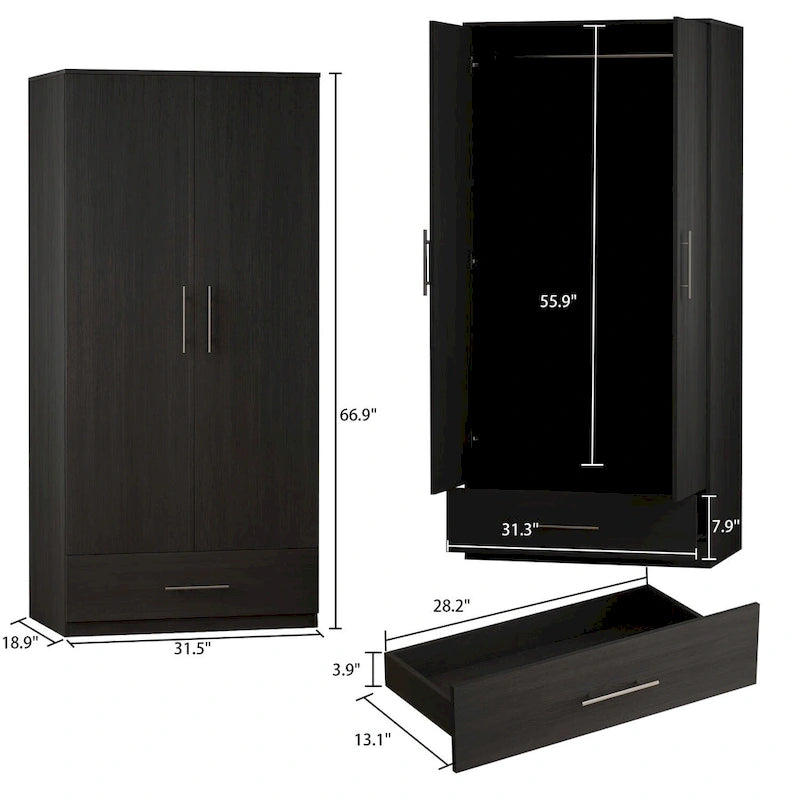 31.5B x 66.9H Kleiderschrank 2-türig 1 Schublade mit Stange
