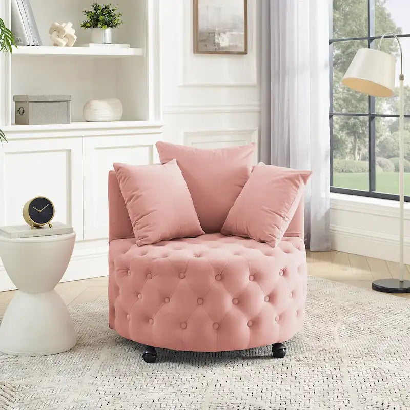 Wohnzimmer Samt-Drehsessel mit Knopfheftung, 3 Kissen & beweglichen Rollen
