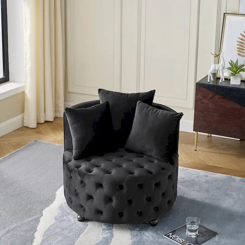Wohnzimmer Samt-Drehsessel mit Knopfheftung, 3 Kissen & beweglichen Rollen