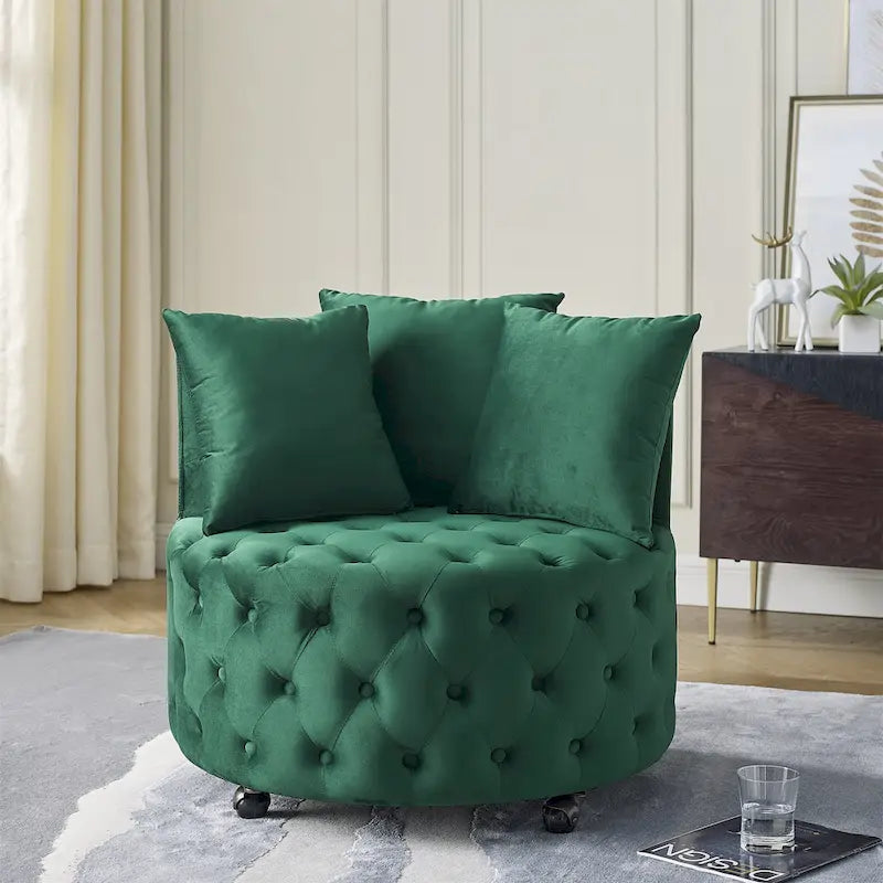 Wohnzimmer Samt-Drehsessel mit Knopfheftung, 3 Kissen & beweglichen Rollen