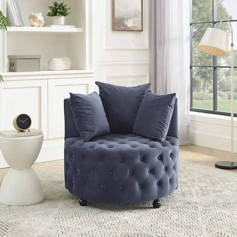 Wohnzimmer Samt-Drehsessel mit Knopfheftung, 3 Kissen & beweglichen Rollen