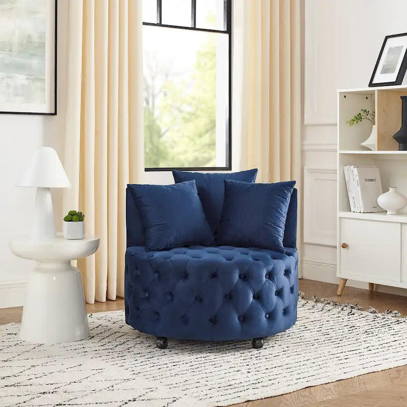 Wohnzimmer Samt-Drehsessel mit Knopfheftung, 3 Kissen & beweglichen Rollen