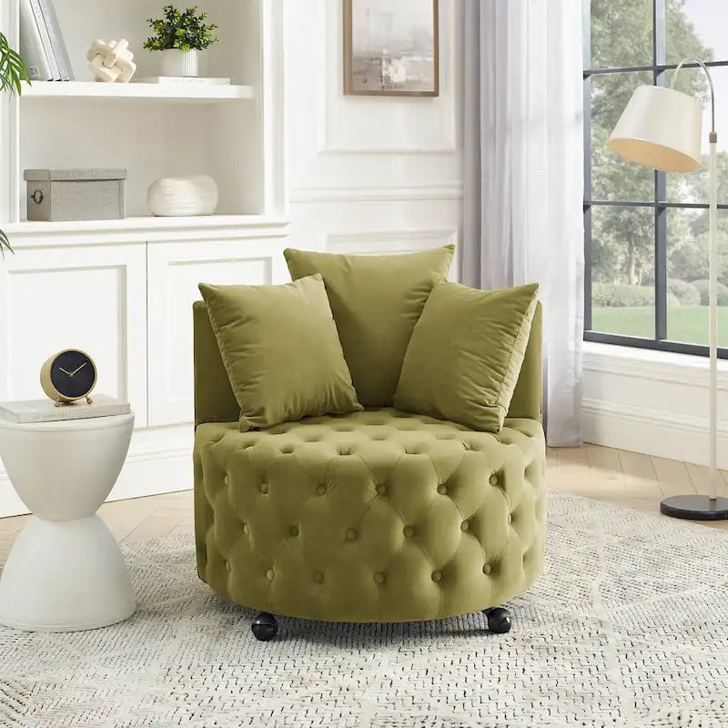 Wohnzimmer Samt-Drehsessel mit Knopfheftung, 3 Kissen & beweglichen Rollen