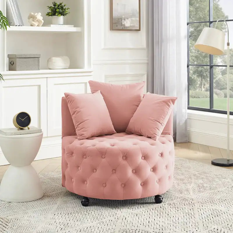 Wohnzimmer Samt-Drehsessel mit Knopfheftung, 3 Kissen & beweglichen Rollen