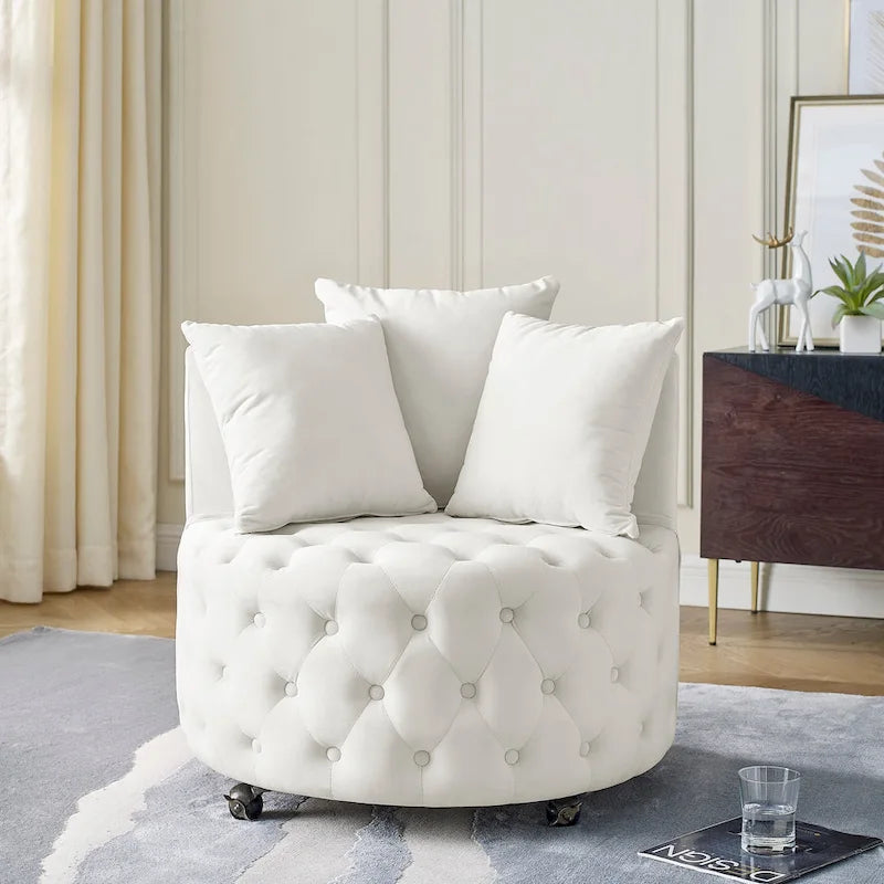 Wohnzimmer Samt-Drehsessel mit Knopfheftung, 3 Kissen & beweglichen Rollen