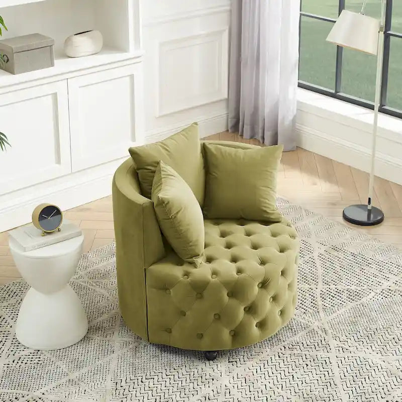 Wohnzimmer Samt-Drehsessel mit Knopfheftung, 3 Kissen & beweglichen Rollen