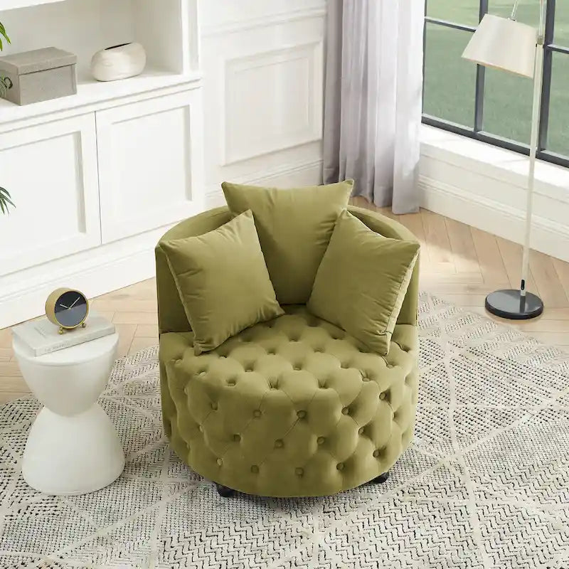 Wohnzimmer Samt-Drehsessel mit Knopfheftung, 3 Kissen & beweglichen Rollen