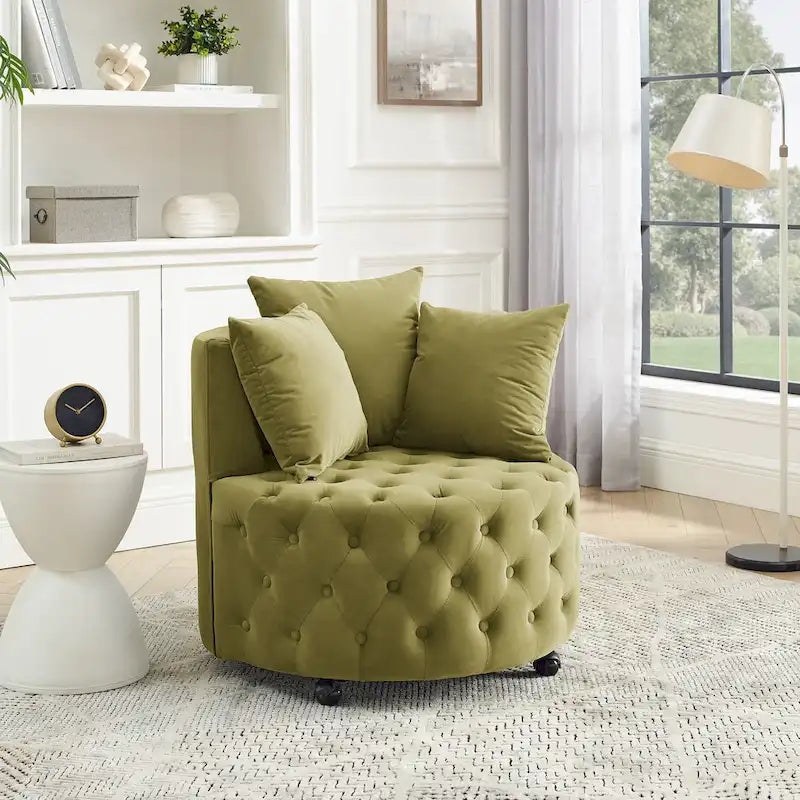Wohnzimmer Samt-Drehsessel mit Knopfheftung, 3 Kissen & beweglichen Rollen
