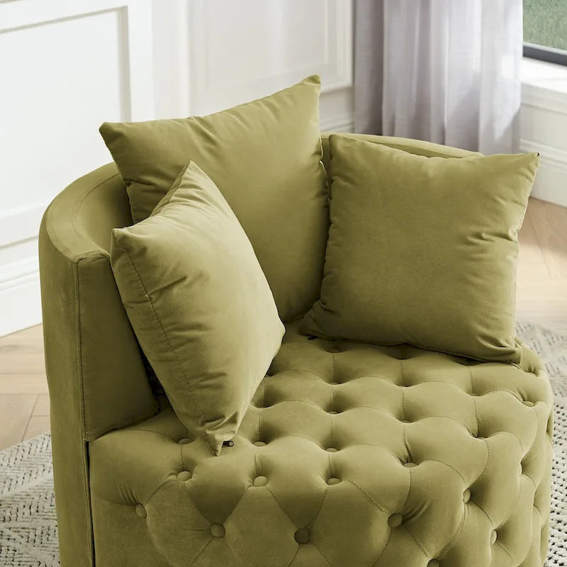 Wohnzimmer Samt-Drehsessel mit Knopfheftung, 3 Kissen & beweglichen Rollen
