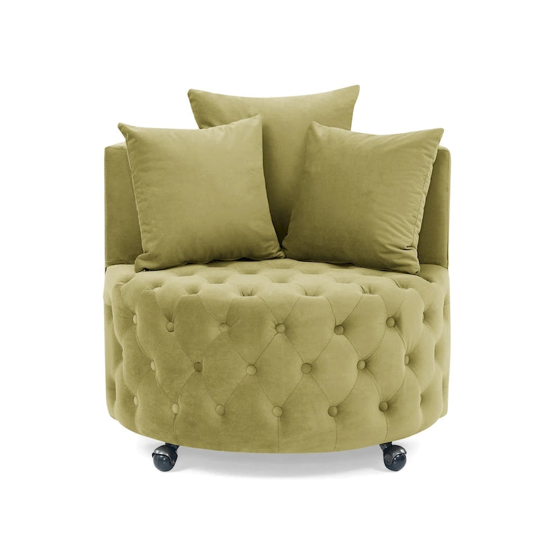 Wohnzimmer Samt-Drehsessel mit Knopfheftung, 3 Kissen & beweglichen Rollen