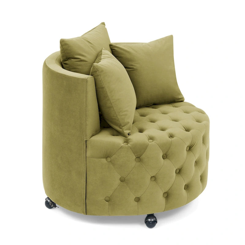 Wohnzimmer Samt-Drehsessel mit Knopfheftung, 3 Kissen & beweglichen Rollen