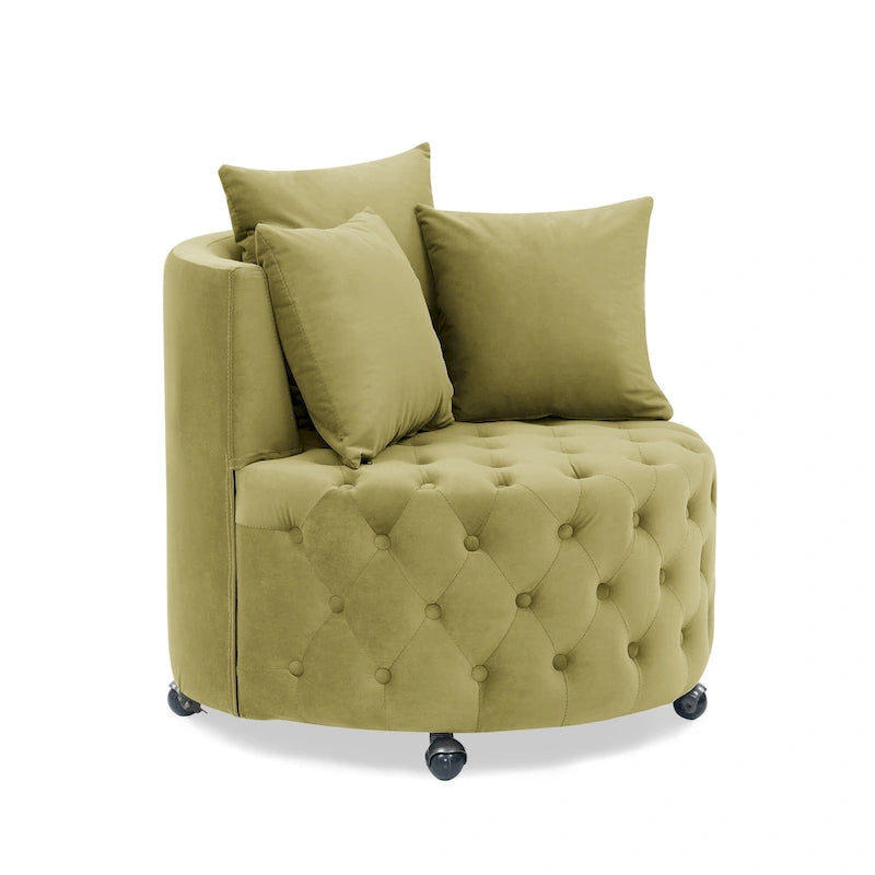 Wohnzimmer Samt-Drehsessel mit Knopfheftung, 3 Kissen & beweglichen Rollen