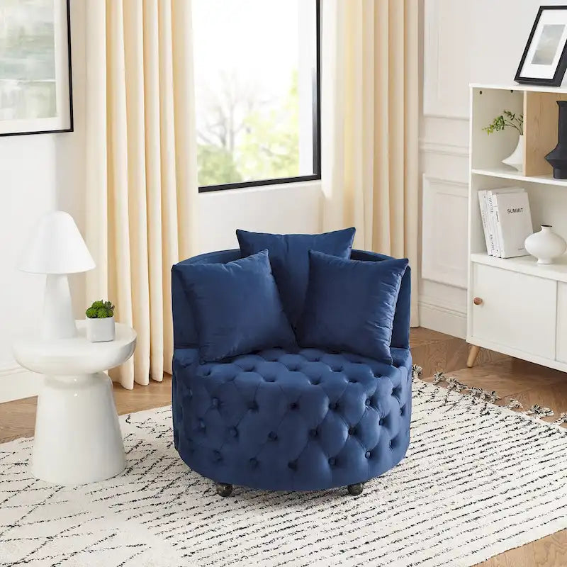 Wohnzimmer Samt-Drehsessel mit Knopfheftung, 3 Kissen & beweglichen Rollen