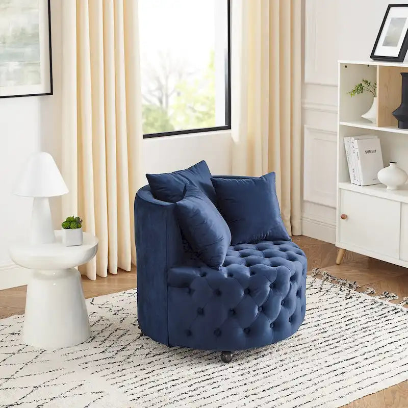 Wohnzimmer Samt-Drehsessel mit Knopfheftung, 3 Kissen & beweglichen Rollen