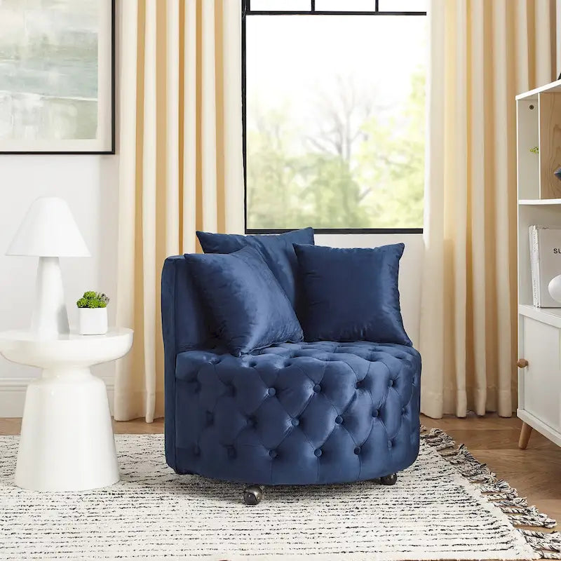 Wohnzimmer Samt-Drehsessel mit Knopfheftung, 3 Kissen & beweglichen Rollen