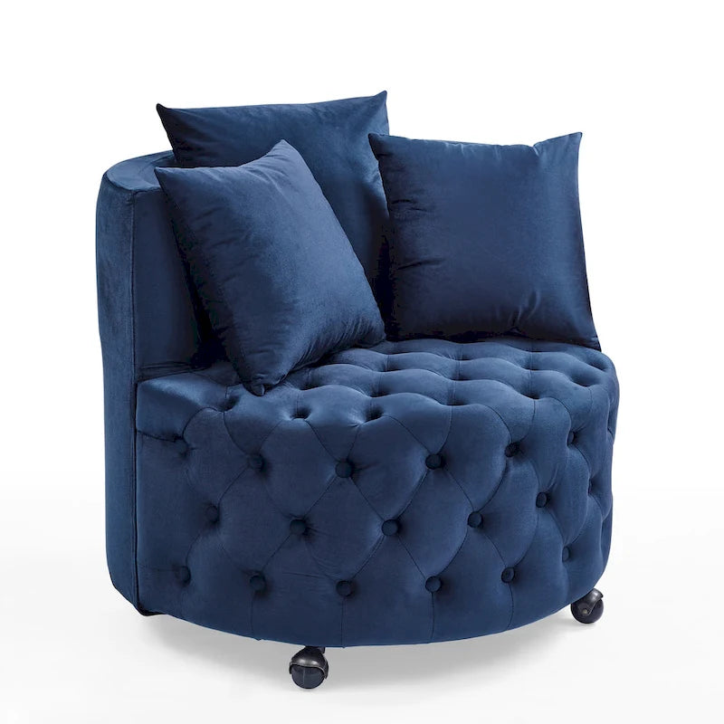 Wohnzimmer Samt-Drehsessel mit Knopfheftung, 3 Kissen & beweglichen Rollen
