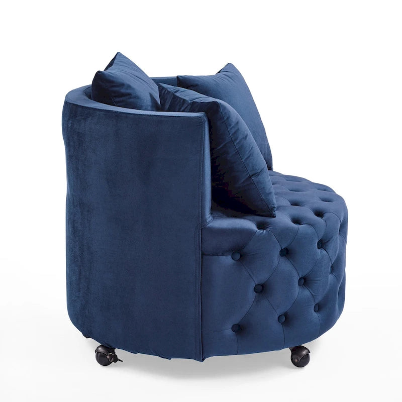 Wohnzimmer Samt-Drehsessel mit Knopfheftung, 3 Kissen & beweglichen Rollen