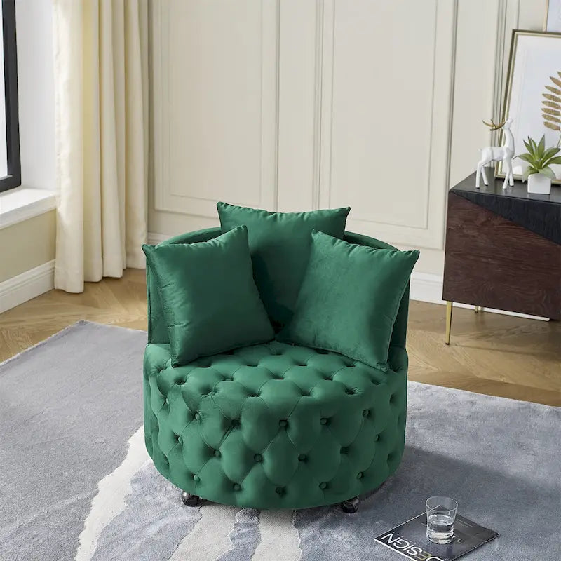 Wohnzimmer Samt-Drehsessel mit Knopfheftung, 3 Kissen & beweglichen Rollen