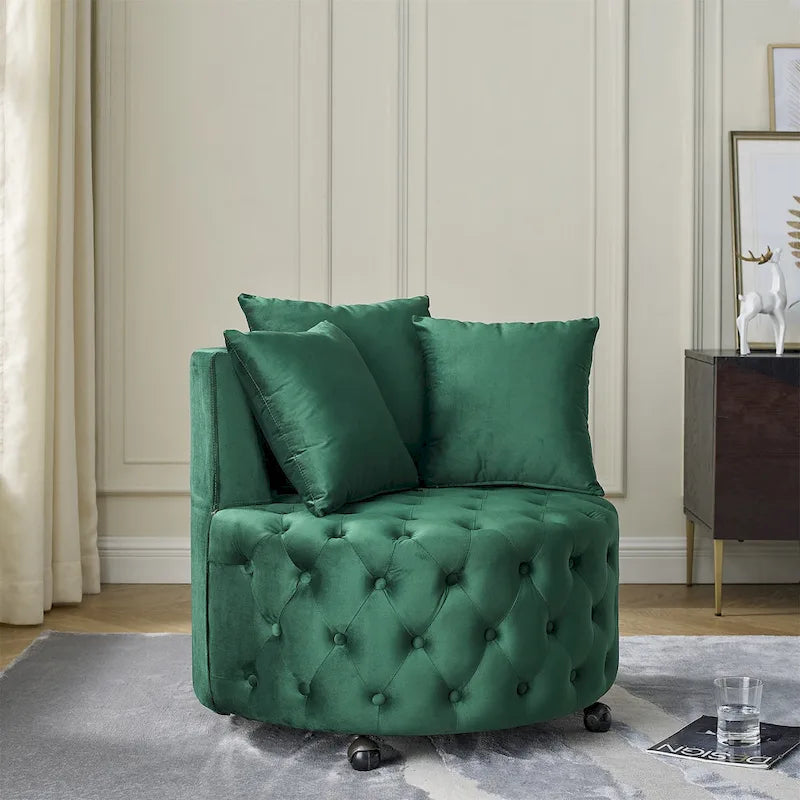 Wohnzimmer Samt-Drehsessel mit Knopfheftung, 3 Kissen & beweglichen Rollen