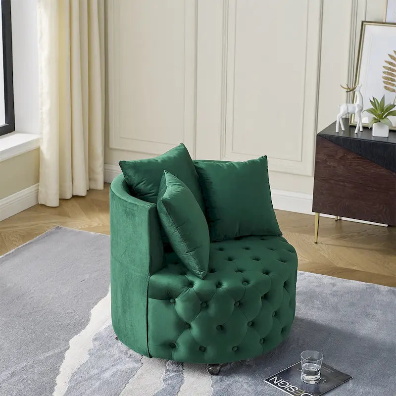 Wohnzimmer Samt-Drehsessel mit Knopfheftung, 3 Kissen & beweglichen Rollen