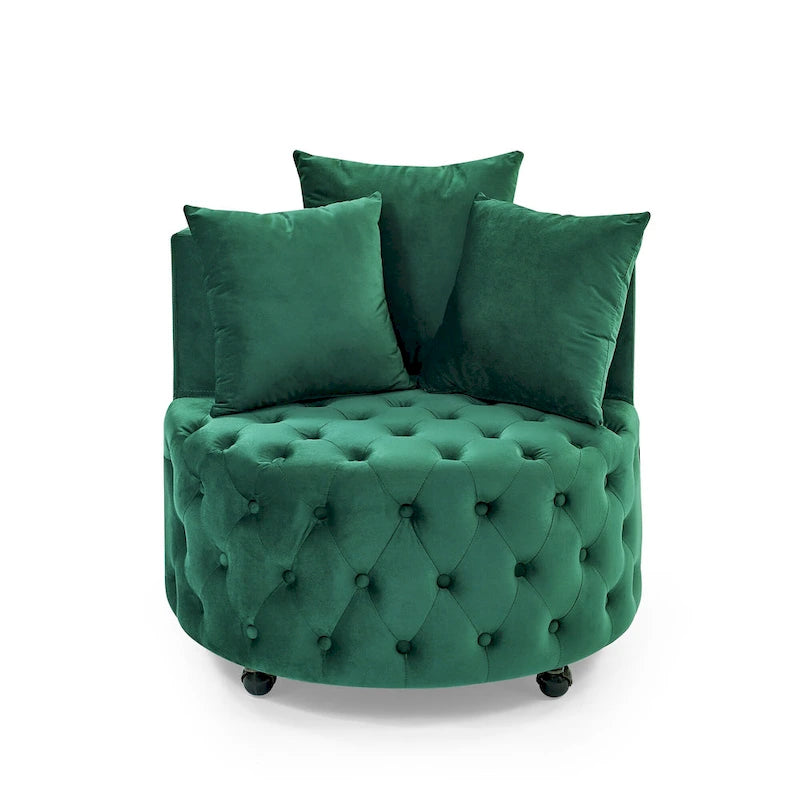 Wohnzimmer Samt-Drehsessel mit Knopfheftung, 3 Kissen & beweglichen Rollen