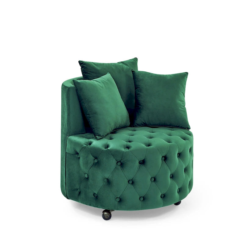Wohnzimmer Samt-Drehsessel mit Knopfheftung, 3 Kissen & beweglichen Rollen