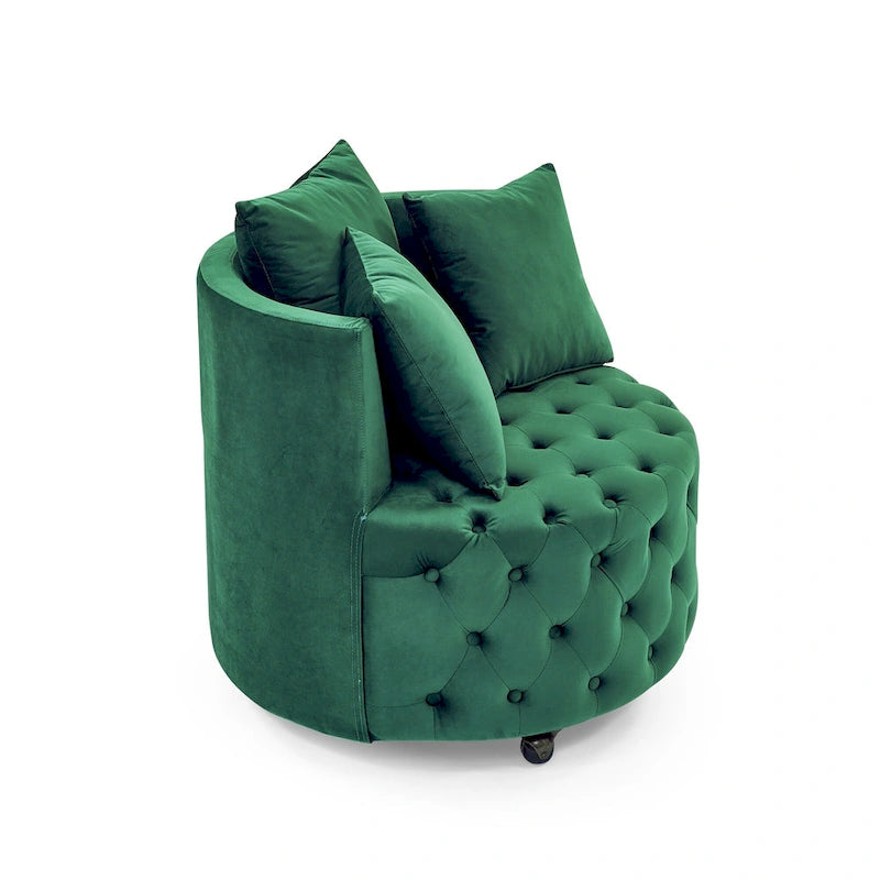 Wohnzimmer Samt-Drehsessel mit Knopfheftung, 3 Kissen & beweglichen Rollen