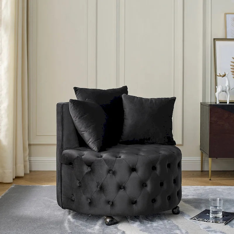 Wohnzimmer Samt-Drehsessel mit Knopfheftung, 3 Kissen & beweglichen Rollen