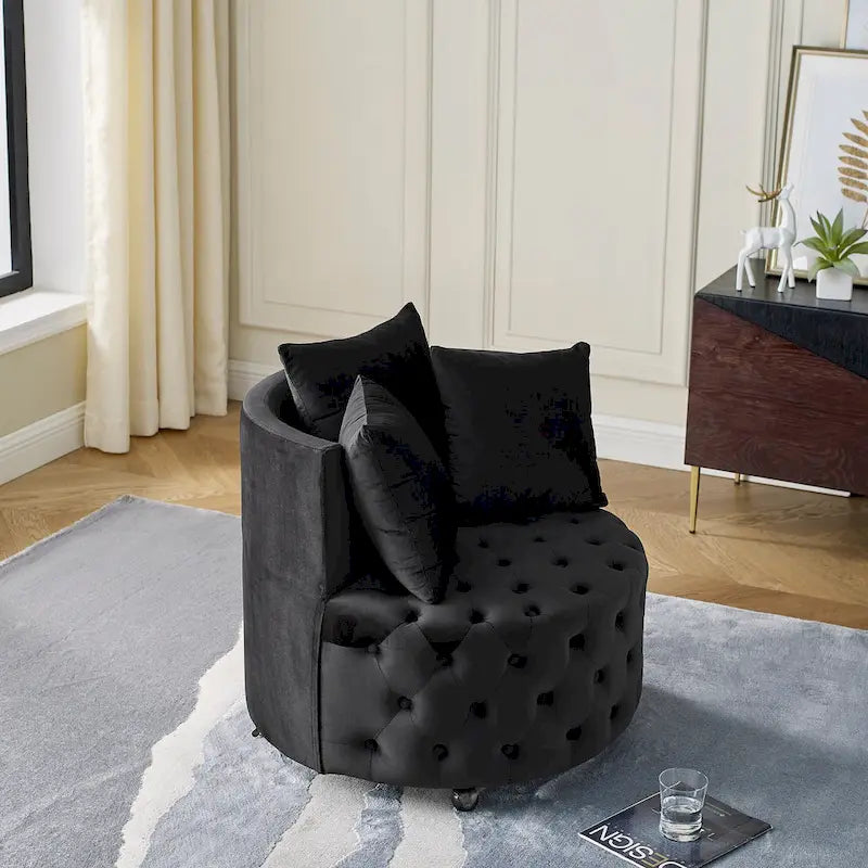 Wohnzimmer Samt-Drehsessel mit Knopfheftung, 3 Kissen & beweglichen Rollen