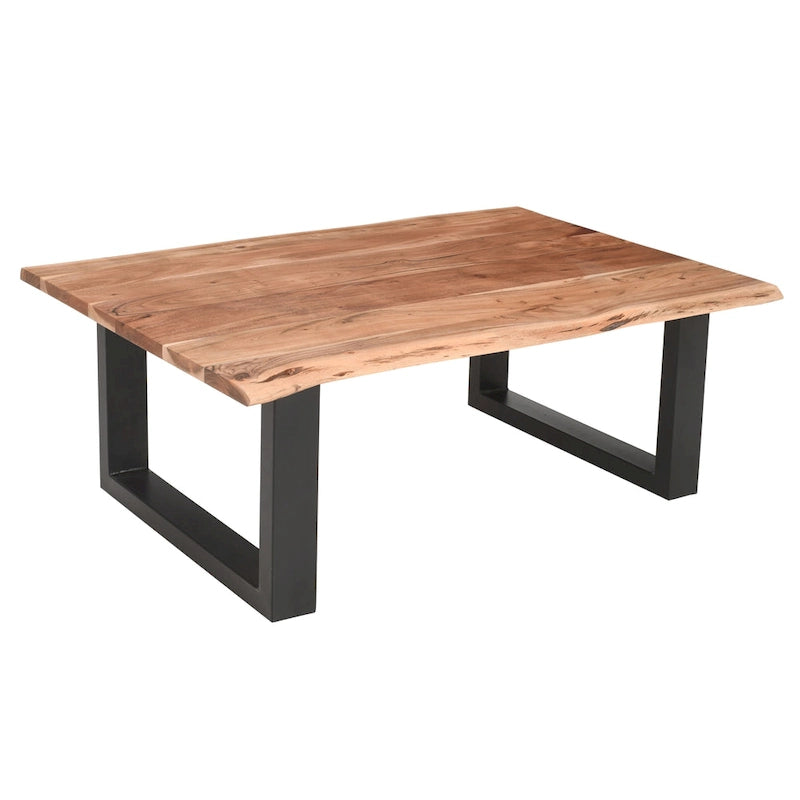 45 Zoll Akazien-Bauernhaus-Couchtisch, mit Baumkanten, Metall-Schlittenuntergestell, Braun und Schwarz