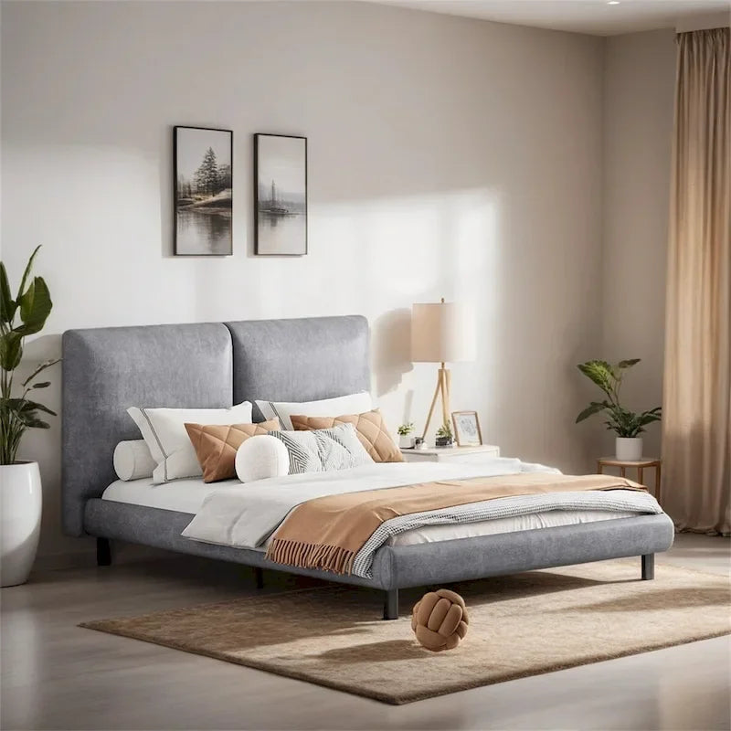 Polster-Plattformbett mit zwei großen Kopfstützen und dickem Stoff, Polyester